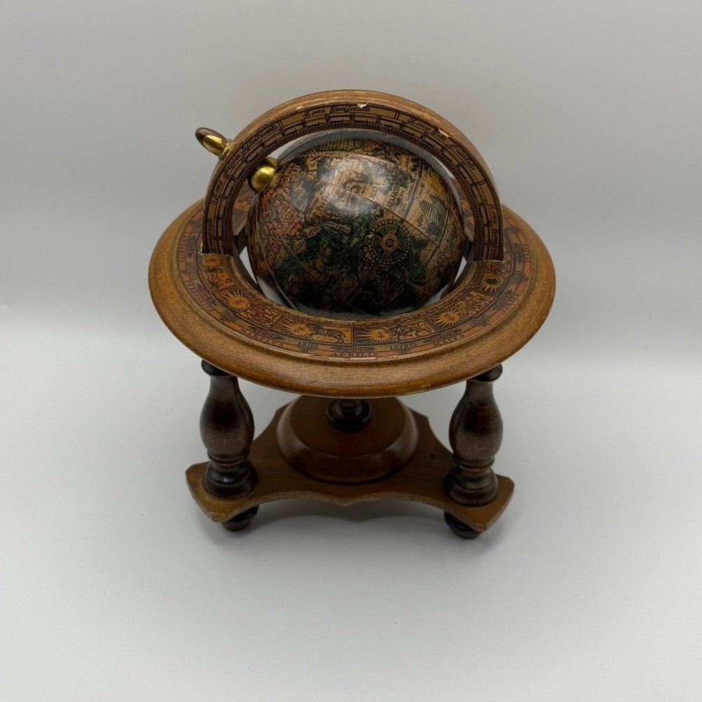 Vintage Wooden Zodiac Desk Globe Antiqued World Map Astrological Decor 8 Inch